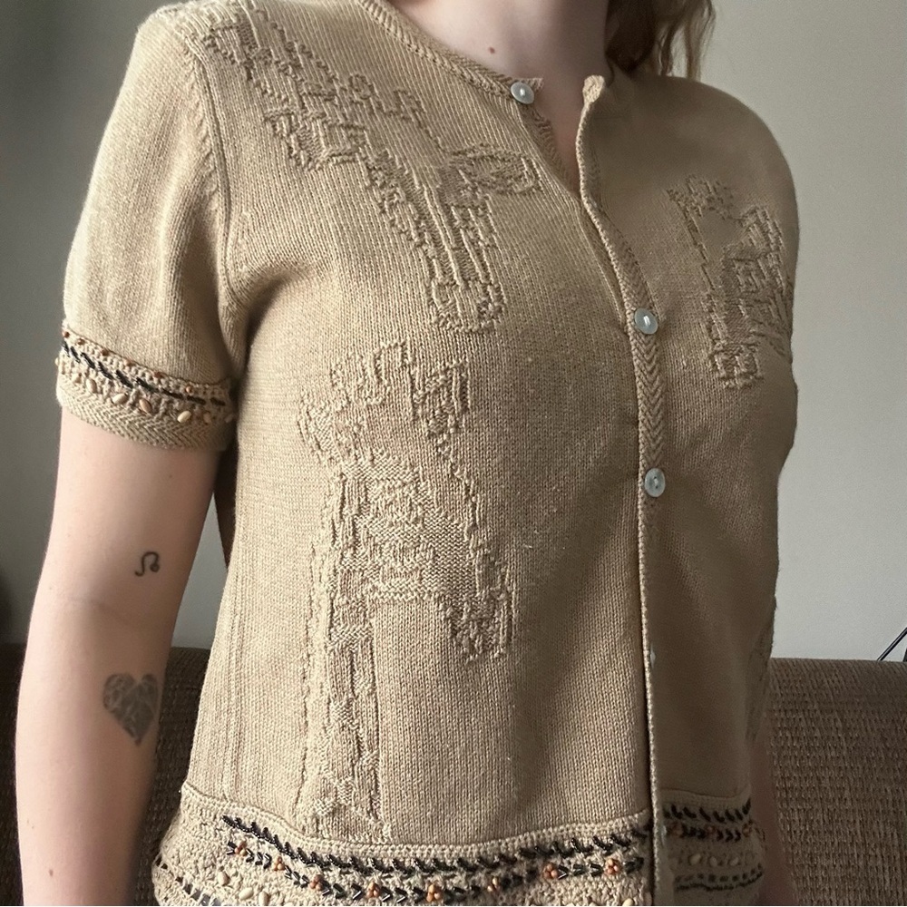 Vintage Alfred Dunner Giraffe Inspired Tan Sweater Beaded Retro Size P Small - Picture 7 of 9